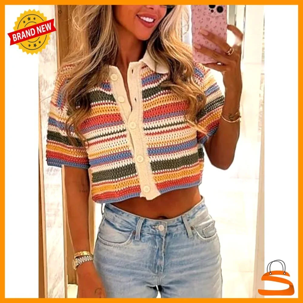 Cropped Polo Sweater Striped Button-Up Knit Top Short Sleeve - Picture 2 of 7